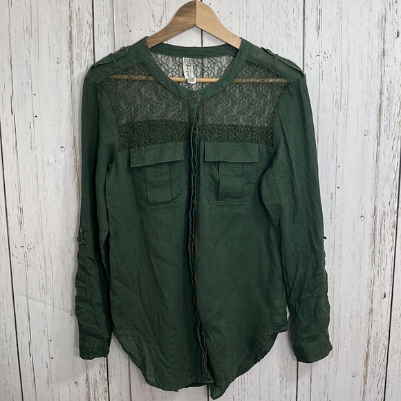 Free People Green Linen Cotton Blend Long Sleeves Army Green Top Lace Bodice - Picture 4 of 11